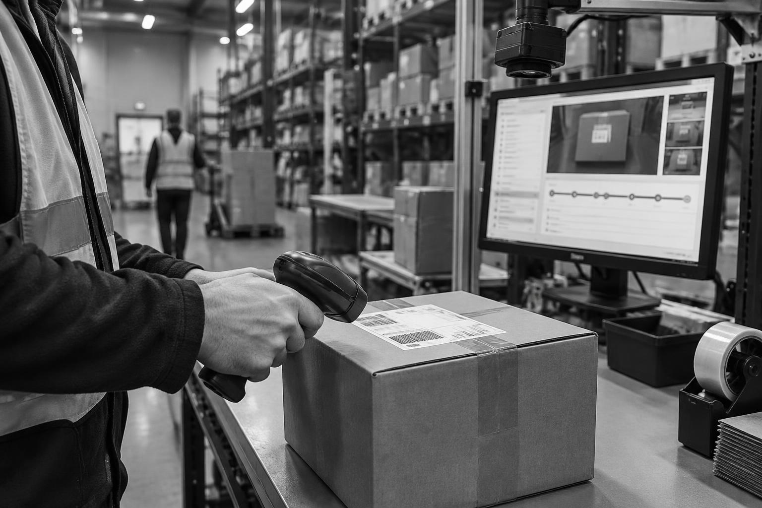 Skanowanie gotowej paczki przy stanowisku z kamerą i ekranem WMS